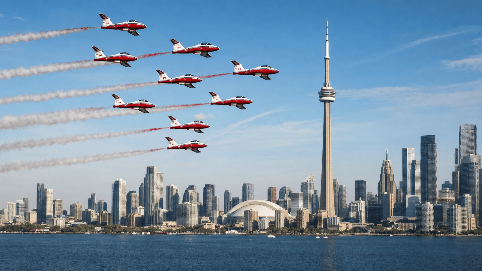 Canadian Snowbirds flying over Toronto and the CN Tower Canadian Snowbirds flying over Toronto and the CN Tower